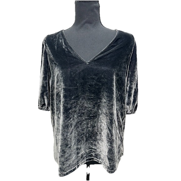 LOFT Crushed Velvet Top Shirt Womens Sz S Dark Gray Puff Sleeve V Neck - Picture 2 of 10